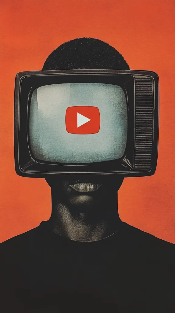 The image is a stylized portrait of a person with a vintage television set obscuring their face.  The television screen displays the YouTube play button.  The person's dark skin contrasts against a vibrant orange background.  The overall effect is a powerful visual metaphor representing the pervasive influence of YouTube and online video consumption on modern life and individual identity. The dark clothing and stark composition emphasize the theme of absorption and perhaps even dependence.