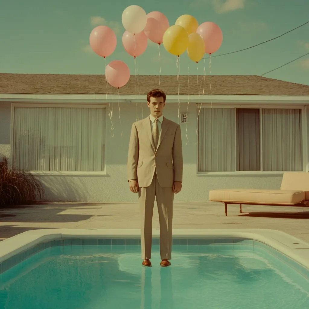 A man in a light beige suit stands waist-deep in a turquoise swimming pool.  Above him, pastel-colored balloons—pink, yellow, and off-white—float on strings against a clear, sunny sky.  He stands before a mid-century modern style house with large windows and a pale peach-colored chaise lounge. The overall tone is serene and subtly melancholic, with a retro aesthetic.