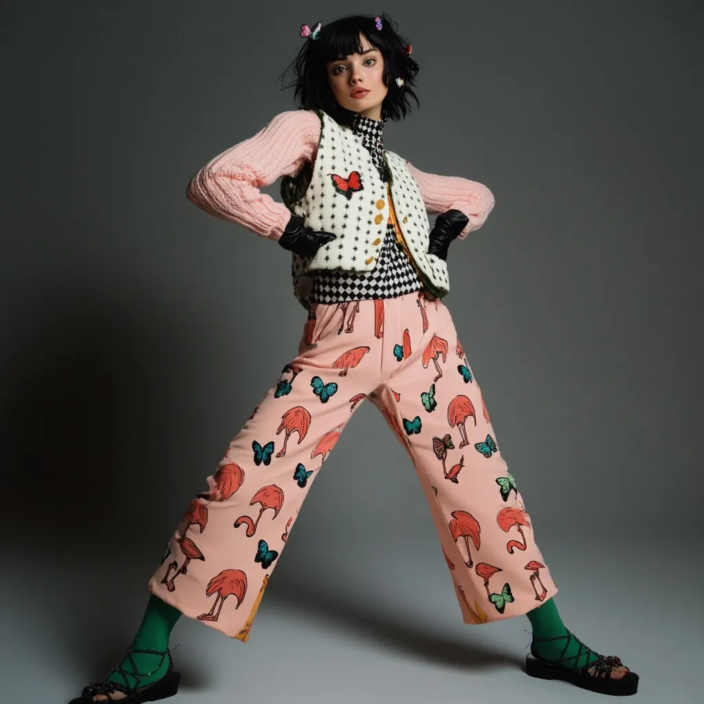 A fashion model with short black hair adorned with butterfly clips poses against a gray backdrop. She's dressed in a whimsical outfit: a pink knitted sweater, a cream and black star-patterned vest with butterfly appliqués, and wide-leg pants featuring a flamingo and butterfly print.  Black gloves and bright green socks paired with black sandals complete the look, creating a bold, playful style.