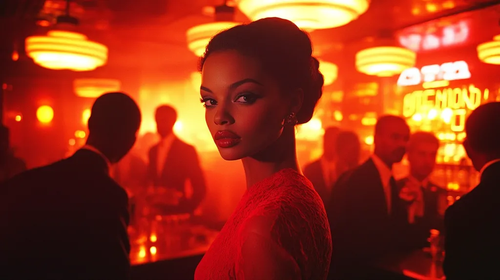 A young woman with dark skin and a sophisticated updo is the focus of this image, set in a dimly lit, vibrant bar.  She wears a red dress and gazes directly at the camera with a confident expression.  The background is a blurry scene of other patrons and warm, orange lighting, creating a nostalgic, almost film noir atmosphere. The overall mood is sultry and mysterious.