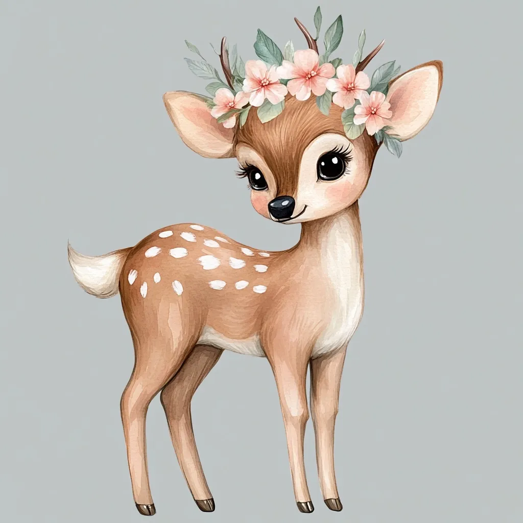 Here's a description of the image:

The illustration depicts a charming fawn, rendered in a watercolor style.  Its light brown coat is adorned with white spots, and it possesses large, expressive eyes.  A delicate crown of light pink flowers and greenery rests atop its head. The fawn stands on a muted gray background, its posture conveying a gentle and sweet demeanor.  The overall style is soft, whimsical, and evokes a feeling of springtime innocence.