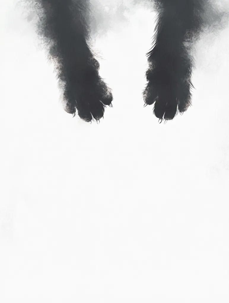 Here's a description of the image:

The image is a stylized depiction of a pair of dark-colored animal hind paws hanging down against a stark white background.  The paws are rendered with a soft, almost hazy, brush-stroke effect, giving them a slightly ethereal appearance. The fur is suggested rather than explicitly detailed.  The claws are visible, and the overall impression is one of peaceful stillness, with the white space below creating a sense of calm and emptiness. The style is minimalist and artistic.