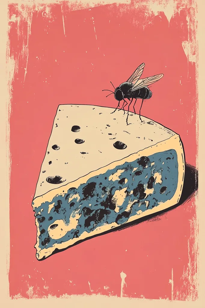 The illustration depicts a wedge of blue cheese with a fly perched atop it.  The style is reminiscent of vintage poster art, with a distressed, textured background in a muted coral pink. The cheese is detailed, showing its veined interior and holes. The fly is rendered with sharp lines, adding a stark contrast to the softer cheese texture. The overall mood is slightly humorous, playing on the common association of flies and decaying food.  The image has a slightly vintage and quirky feel.