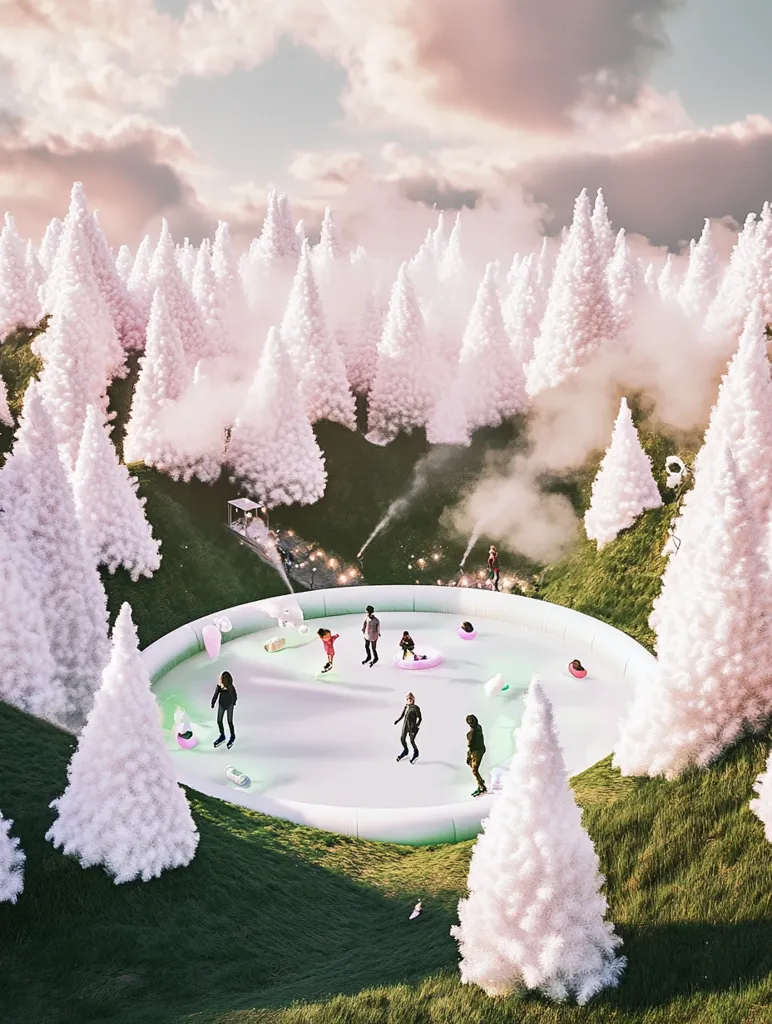 Here's a description of the image:

A whimsical, digitally created scene depicts a circular ice rink nestled in a landscape of fluffy, white artificial Christmas trees.  Several people ice skate on the rink, enjoying the serene, dreamlike atmosphere.  A soft pink sky and light fog enhance the fantasy-like quality. The overall aesthetic is peaceful and subtly magical, with a focus on the contrast between the snowy trees and the bright, pale green ice.  The scene feels both festive and otherworldly.