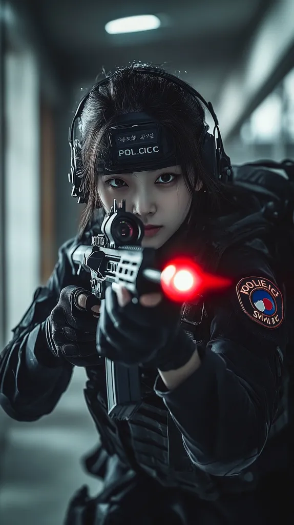 Here's a description of the image:

The photograph features a young woman, appearing to be a cosplayer, dressed in tactical gear. She's wearing a black helmet with ear protection, a black tactical vest with a patch that reads "POL.CICCC," and holds a rifle aimed toward the viewer. The red laser dot from the rifle's sight is visible, adding a sense of intensity.  The background is blurred, suggesting a dark, industrial or urban setting. Her expression is serious and focused, enhancing the overall dramatic effect. The image's mood is dark and intense.