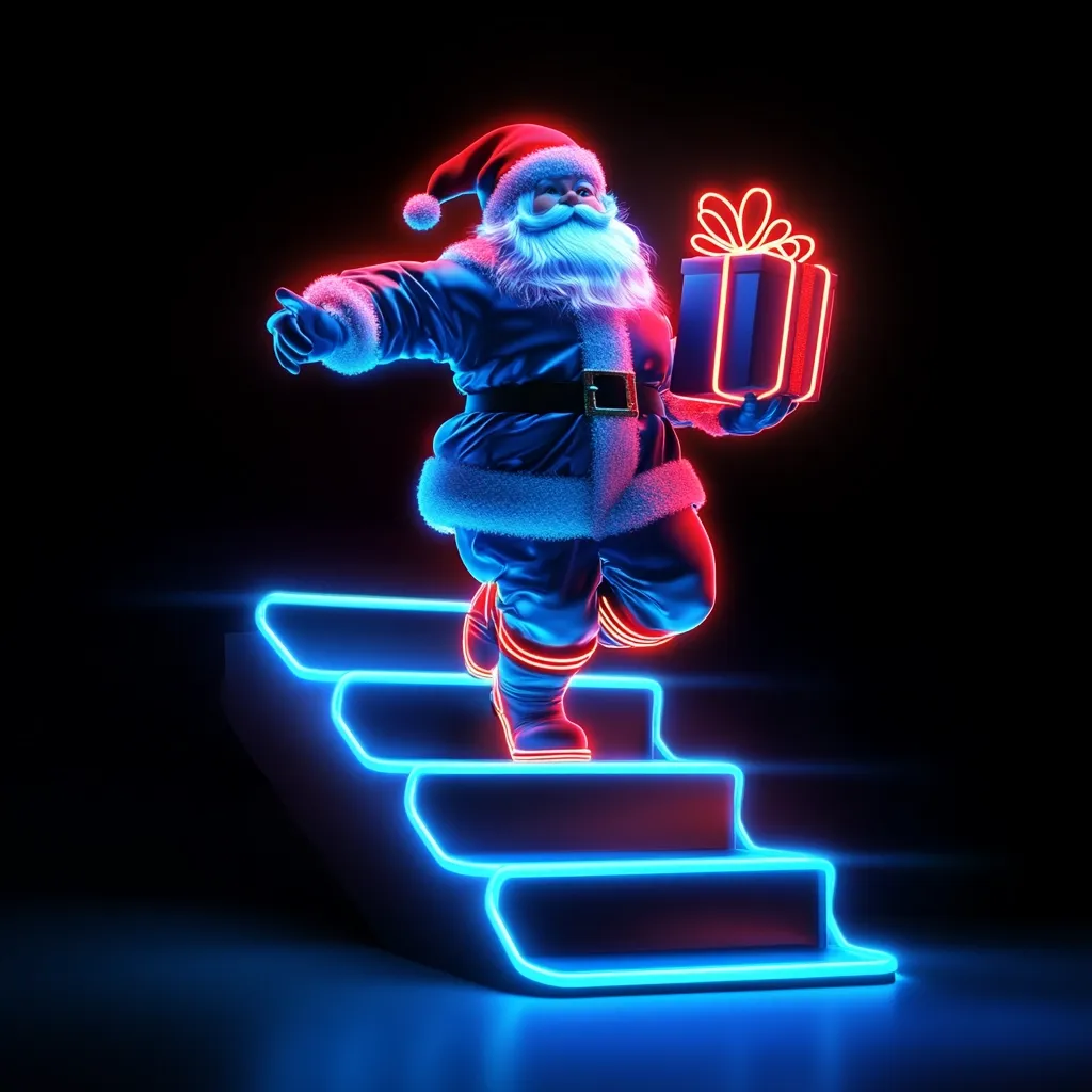 A vibrant 3D rendering depicts Santa Claus ascending a neon-lit staircase.  He's dressed in a sleek, blue suit with traditional white fur trim, carrying a glowing red and blue present. The staircase is outlined in bright blue neon, creating a futuristic and festive atmosphere against a stark black background.  The overall effect is a modern, stylized Christmas image with a neon-punk aesthetic.