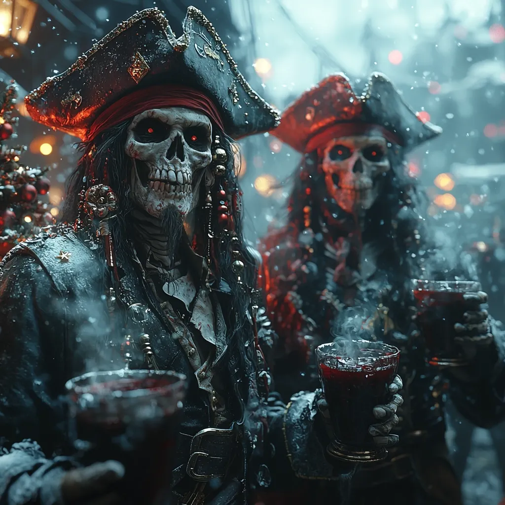 Two skeletal pirates, adorned in tattered captain's attire and tricorn hats, stand amidst a snowy, dimly lit port.  Their glowing red eyes and decaying flesh contrast with the festive Christmas lights in the background.  Each pirate clutches a goblet of what appears to be dark red liquid, adding to the eerie, festive scene.  Snow falls around them, enhancing the chilling atmosphere.