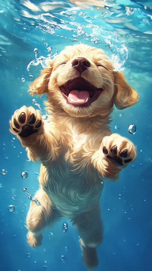 Here's a description of the image:

The image is a digitally painted illustration of a golden retriever puppy swimming underwater.  The puppy is centrally positioned, its eyes closed in apparent joy, its mouth open in a happy expression.  Bubbles surround it, suggesting movement and immersion. The water is a vibrant turquoise, contrasting with the light golden fur of the puppy. The style is realistic yet slightly stylized, with a focus on soft fur textures and a luminous quality to the water. The overall mood is one of cheerful serenity and playful innocence.