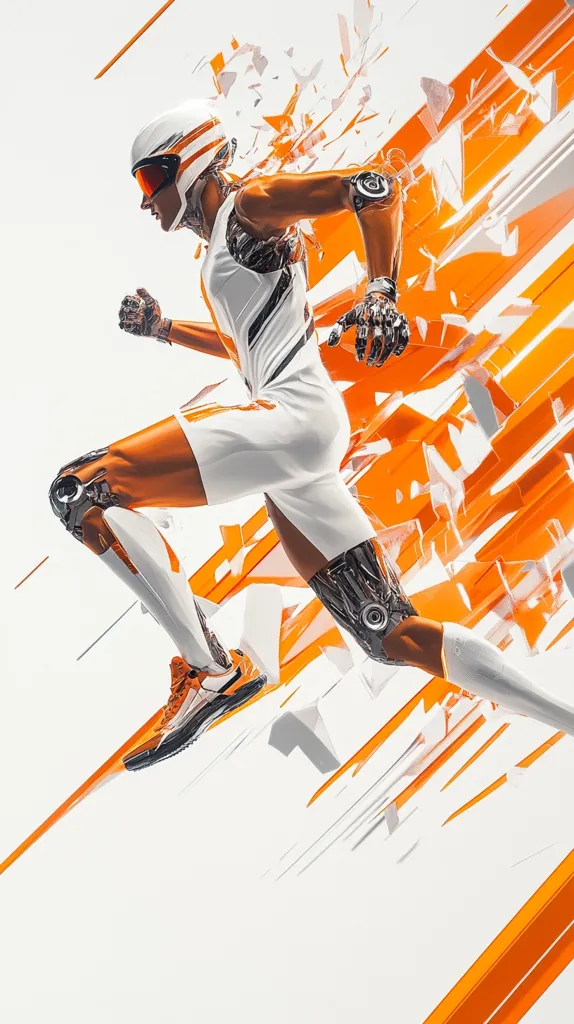 Here's a description of the image:

The image is a dynamic digital artwork depicting a futuristic athlete in mid-stride.  The runner, wearing a white and orange outfit and a helmet, appears partially robotic, with visible mechanical components integrated into their legs and arms.  They're running through a burst of abstract orange and white shapes, creating a sense of speed and motion. The overall style is sharp, modern, and suggestive of advanced technology and athleticism. The color palette is primarily white and orange, with the orange used to highlight movement and energy.