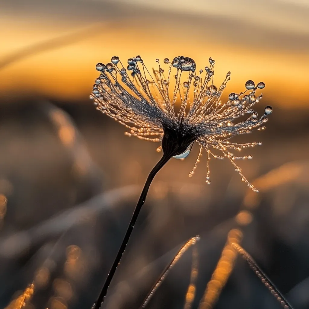 Here's a description of the image:

The photograph captures a close-up view of a delicate plant, possibly a type of seed head, adorned with numerous glistening dewdrops.  The droplets cling to the fine, hair-like structures radiating from the central stem, catching the warm, golden light of the setting sun. The background is softly blurred, showcasing a bokeh effect with muted orange and brown tones, enhancing the focus on the dew-kissed plant. The overall mood is serene and peaceful, highlighting the beauty of nature's intricate details.