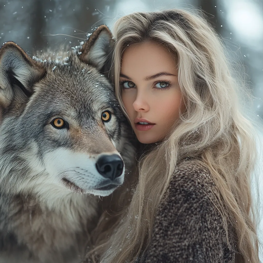 A stunning blonde woman with long, flowing hair is closely embraced by a large gray wolf.  The wolf's head rests against her shoulder, its intense amber eyes visible.  Both the woman and the wolf appear calm and serene, set against a softly blurred snowy winter background. The overall mood is one of peaceful connection between human and animal in a wintry, magical setting.  Snowflakes lightly dust their hair and fur.