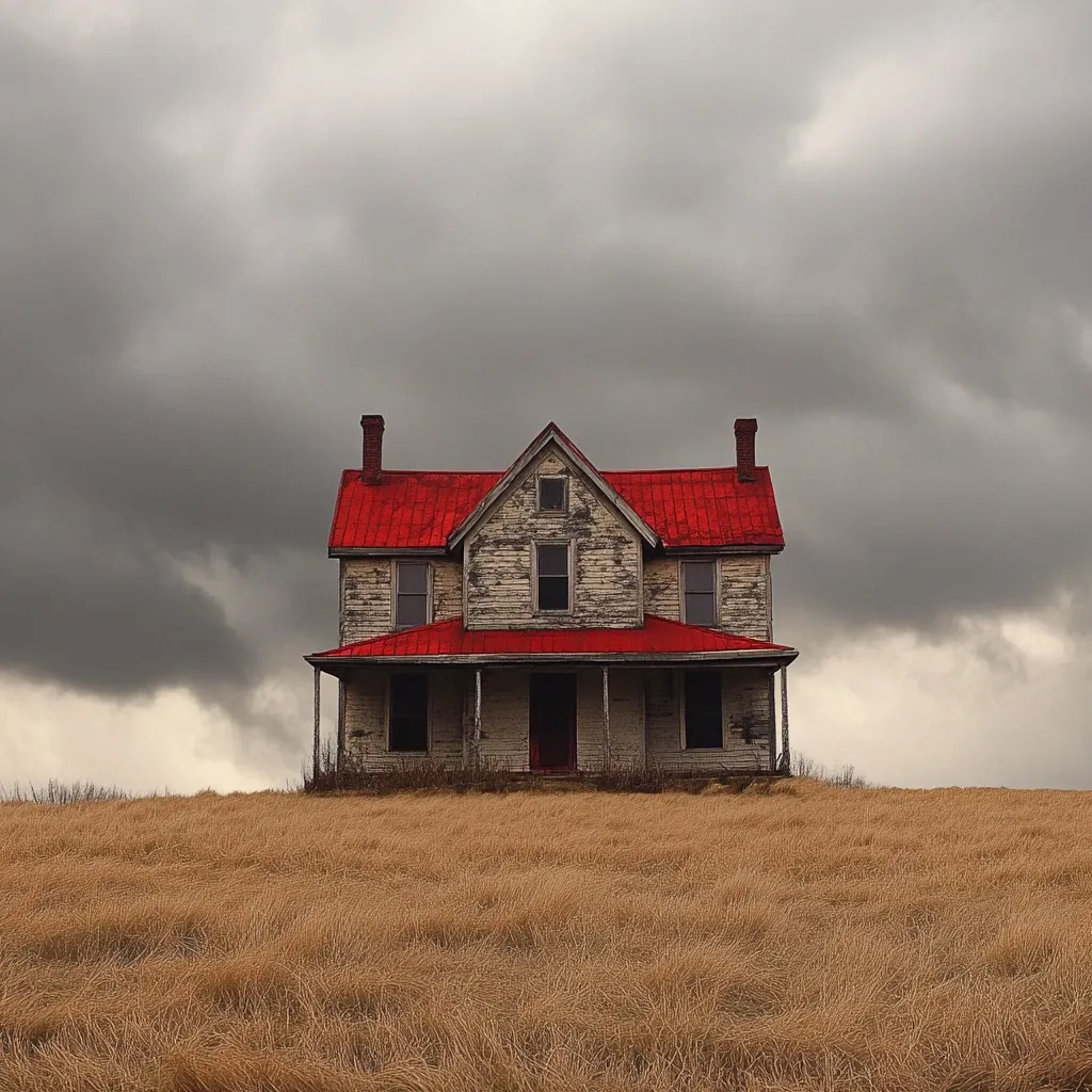 Here is a description of the image:

A weathered, two-story farmhouse stands alone on a windswept hill, its vibrant red roof contrasting sharply with its aged, grey wood siding.  The house appears abandoned, with empty window frames and a slightly dilapidated porch.  The surrounding field is a sea of tall, dry, golden grass. A brooding, dark sky fills the upper two-thirds of the image, hinting at an impending storm, creating a dramatic and somewhat melancholic mood. The overall feeling is one of isolation and quiet decay under a threatening sky.