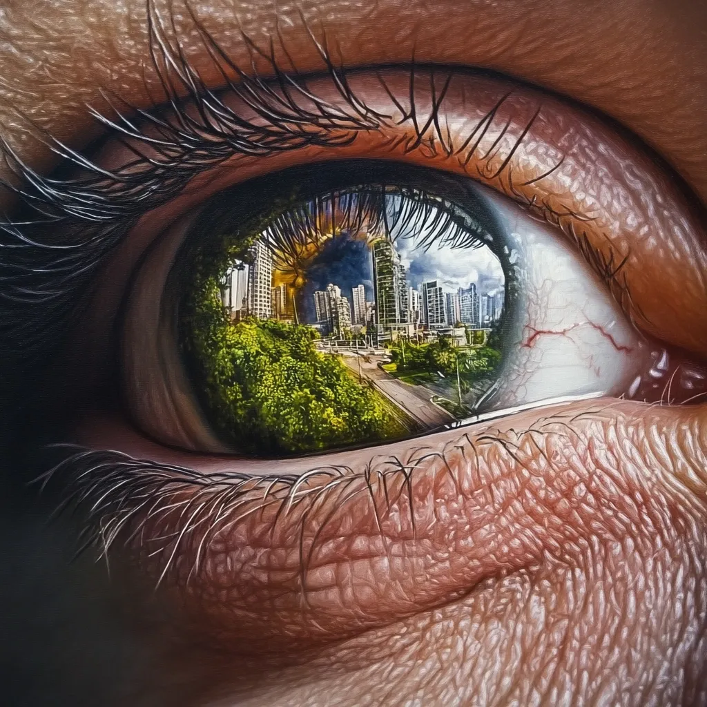 Close-up view of a human eye, incredibly detailed, where the iris reflects a cityscape.  The city is partially obscured by lush green vegetation, suggesting a blend of urban and natural environments.  The reflection is highly realistic, almost photographic in quality, creating a striking juxtaposition between the organic texture of the eye and the man-made structures within it.  The overall effect is surreal and captivating.