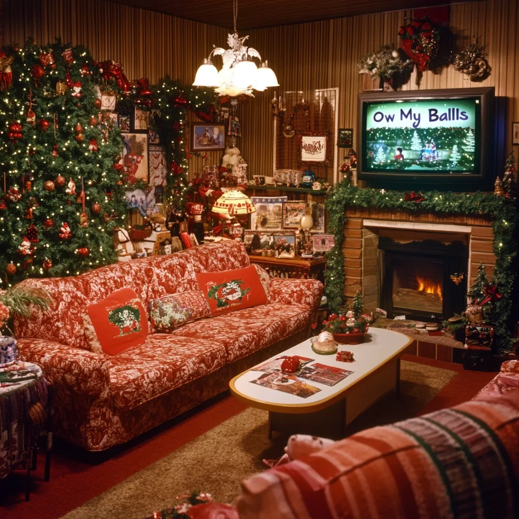 A cozy living room is decked out for Christmas. A large, decorated tree stands beside a red patterned sofa adorned with festive pillows.  A crackling fireplace provides warmth, flanked by greenery.  A television displays a humorous Christmas message. The room is filled with Christmas decorations, creating a cheerful and slightly chaotic holiday atmosphere.  Numerous framed pictures and knick-knacks add to the cluttered, yet homely feel. The overall effect is one of warm, festive, and slightly quirky holiday cheer.