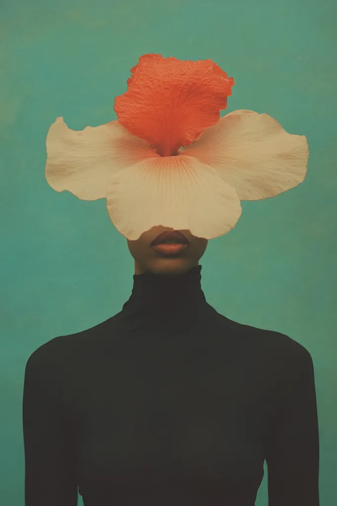 Here's a description of the image:

The photograph presents a stylized portrait of a person with a large, vibrant flower obscuring their face from the nose upward. The flower is a two-toned hibiscus, with a peachy-white outer layer and a bright coral-orange inner bloom. The model wears a simple black turtleneck, their lips visible just below the flower, and stands against a muted teal backdrop. The overall aesthetic is minimalist, emphasizing clean lines and a muted color palette for a dramatic and slightly surreal effect. The image is evocative of nature and beauty, subtly hinting at the hidden identity behind the floral mask.