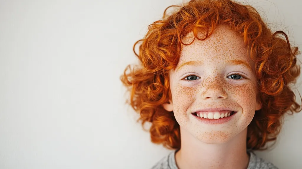 Here's a description of the image:

Close-up view of a young child with vibrant, curly red hair and numerous freckles covering their face.  They are smiling broadly, revealing a bright, even set of teeth. Their expression is cheerful and carefree. The background is a plain, off-white surface, which draws focus to the child's bright features. The child is wearing a simple gray shirt, barely visible at the bottom of the frame.  The overall impression is one of youthful joy and natural beauty.