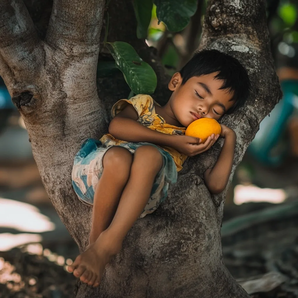 A young boy, clad in a yellow and blue shirt and shorts, peacefully sleeps nestled in the crook of a large tree.  His dark hair is tousled, and he cradles a ripe mango in his arms. The scene is bathed in dappled sunlight filtering through the leaves, creating a tranquil and idyllic atmosphere. The tree's rough bark provides a natural, textured backdrop. The overall impression is one of serenity and childhood innocence.