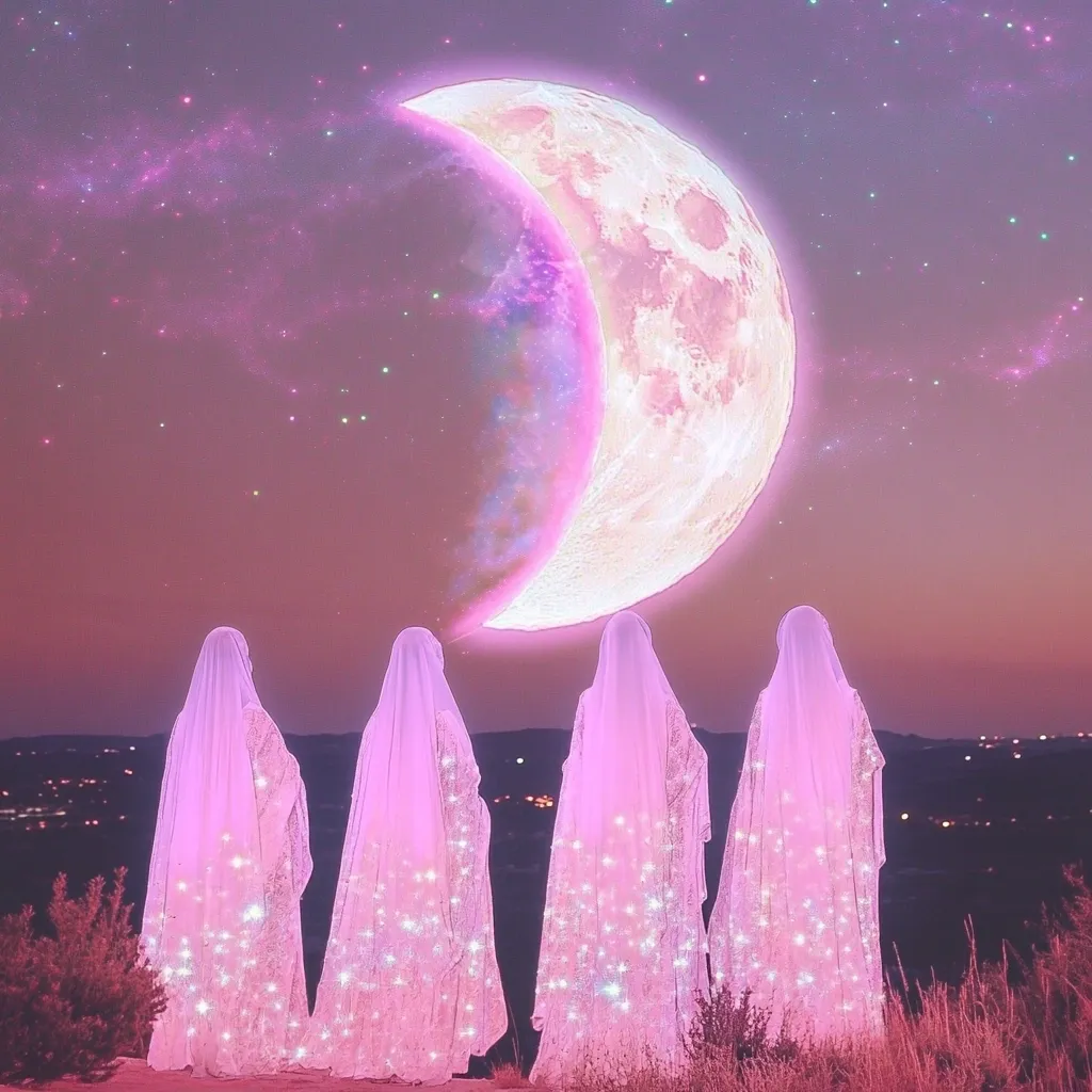 Here's a description of the image:

The image is a surreal, dreamlike scene. Four figures, draped in luminous, pink, star-studded veils, stand silhouetted against a vast, dusky landscape.  Behind them, a large, crescent moon dominates the sky, its surface subtly textured with pastel hues and a cosmic glow. The overall palette is soft and romantic, with a pink and purple gradient filling the twilight sky, punctuated by tiny sparkling stars.  The scene evokes a sense of mystery and ethereal beauty.