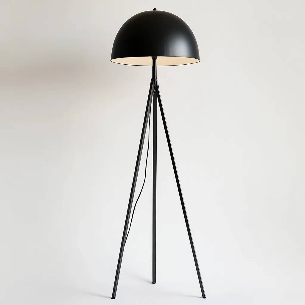 A sleek, black tripod floor lamp stands against a white backdrop.  Its large, dome-shaped shade is a matte black with a softly lit interior. The minimalist design features slender, black metal legs creating a stable, yet elegant base. The lamp's cord is subtly visible running down one leg.  The overall aesthetic is modern and understated.