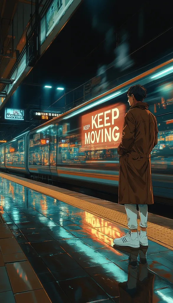 A young man in a long brown coat stands on a rain-slicked subway platform at night.  A train pulls in, its windows reflecting a vibrant cityscape and displaying the message "KEEP MOVING" in large, illuminated lettering. The scene is rendered in a stylized, almost anime-like, digital art style, with saturated colors and sharp lines, creating a moody and atmospheric ambiance. The overall feeling is one of quiet contemplation and urban solitude.