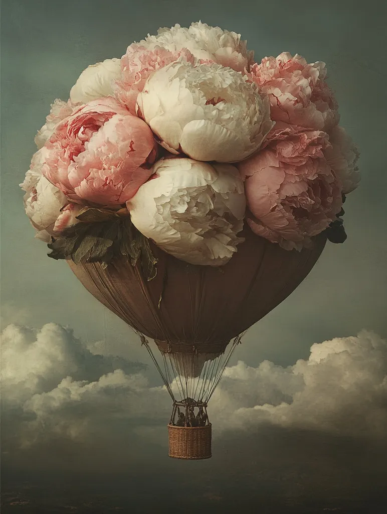 A whimsical image depicts a hot air balloon fashioned from a large bouquet of pink and white peonies.  The balloon, a muted brownish-pink, drifts serenely through a cloudy sky.  A small wicker basket carrying several passengers hangs beneath. The overall aesthetic is vintage and dreamlike, with a muted color palette enhancing the ethereal quality of the scene.