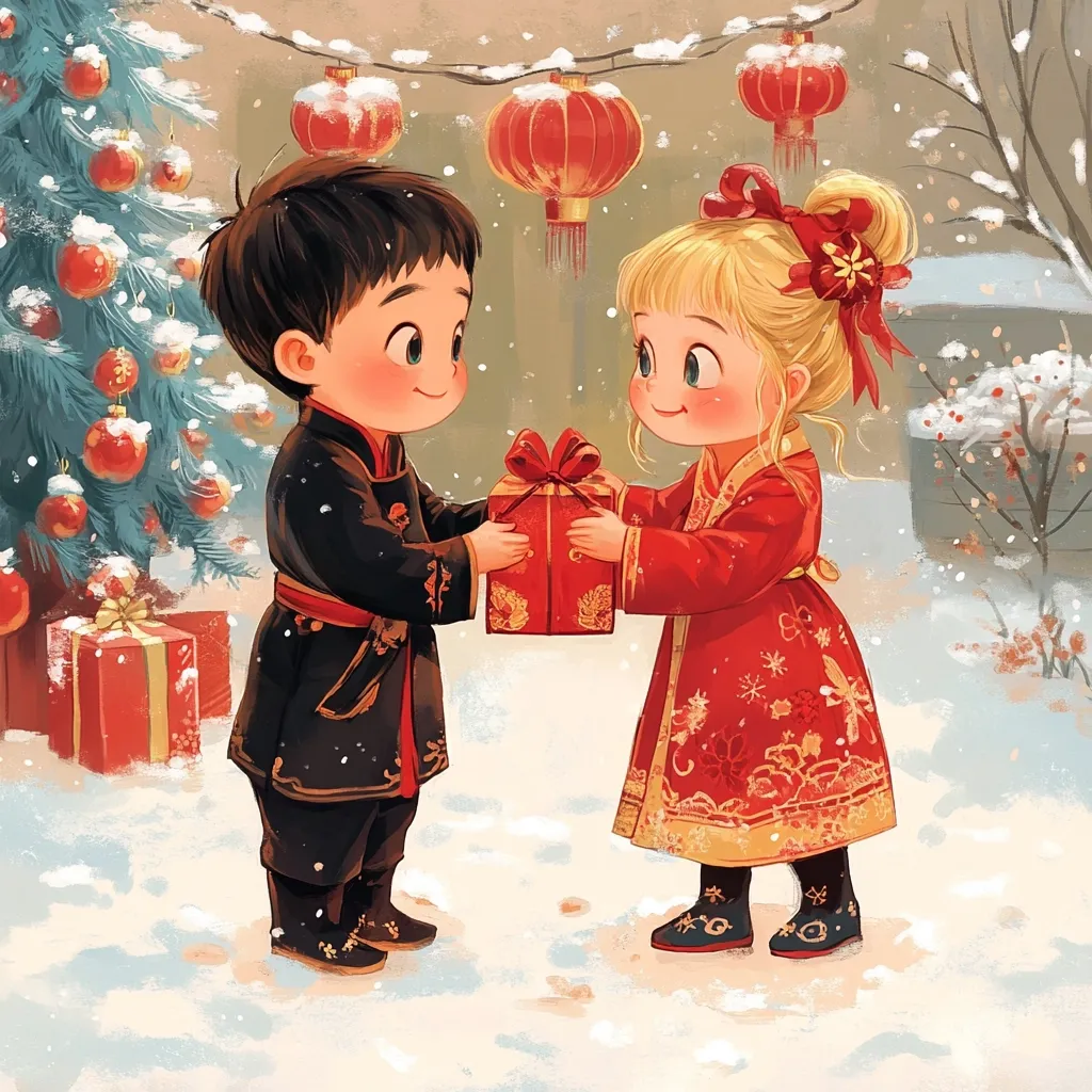A charming illustration depicts two adorable children exchanging a gift in a snowy winter scene.  A boy in a dark, ornate coat presents a red gift box tied with a bow to a girl in a vibrant red and gold traditional dress.  A decorated Christmas tree and red Chinese lanterns hang in the background, suggesting a blend of cultural celebrations.  The style is soft and whimsical, with large expressive eyes and a warm color palette, creating a heartwarming holiday image.