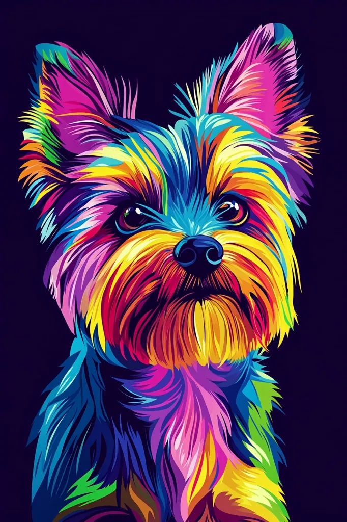 Here's a description of the image:

The image is a vibrant, stylized portrait of a Yorkshire Terrier. The dog's fur is depicted in a spectrum of bold, saturated colors, including pinks, purples, blues, yellows, and oranges, creating a rainbow effect. The style is reminiscent of pop art or digital painting, with sharp lines and strong color contrasts defining the fur and features.  The background is a deep, dark navy blue, which makes the dog's colorful coat pop. The Yorkshire Terrier's expression is serene and calm, its dark eyes contrasting beautifully with the bright fur. The overall effect is bold, eye-catching, and artistic.