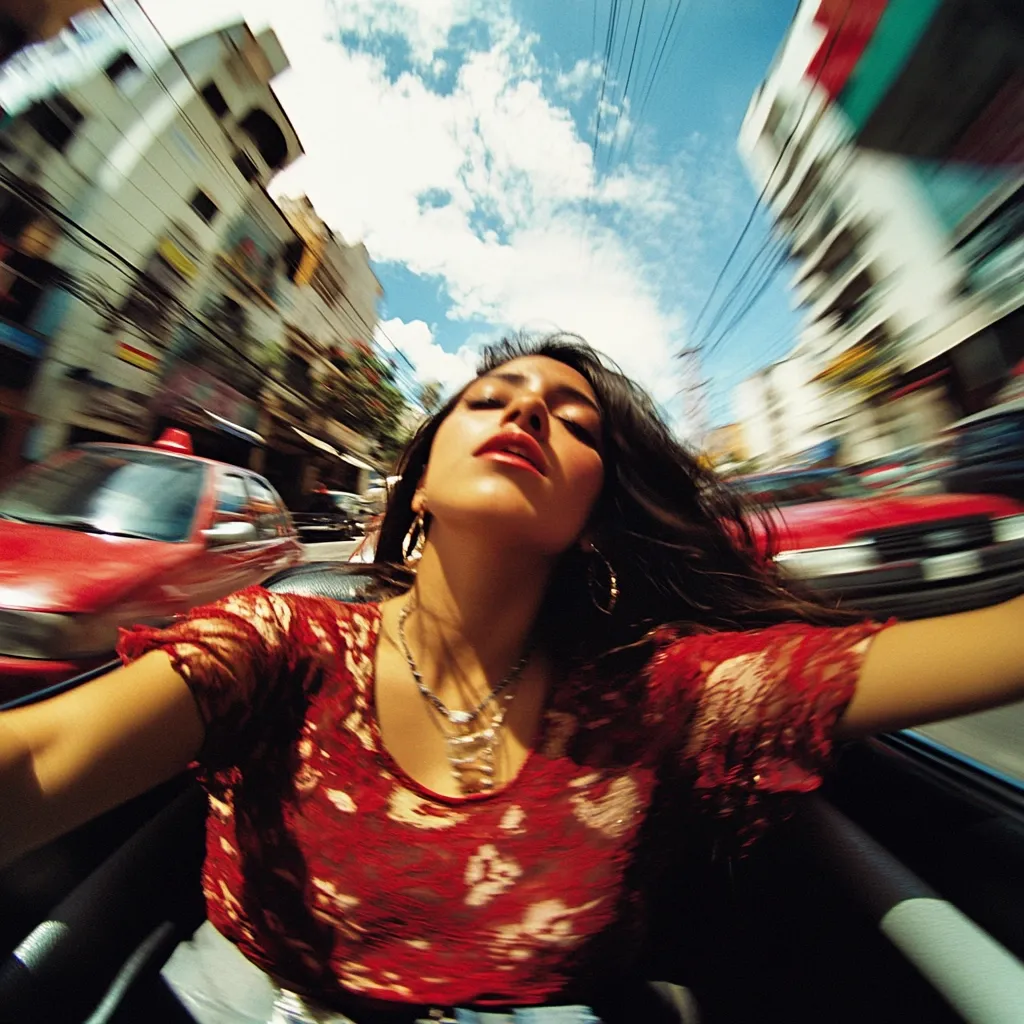 Here's a description of the image:

A young woman with long dark hair, wearing a red lacy top and a silver necklace, leans back in a car. Her eyes are closed, and her expression is serene. The image is dynamic, with a motion blur effect creating streaks of color around the car and buildings. The background depicts a city street scene with other vehicles and buildings, contributing to the sense of speed and movement.  The overall aesthetic is vibrant and energetic, suggesting freedom and a carefree spirit. The bright sunlight and clear sky add to the lively mood.