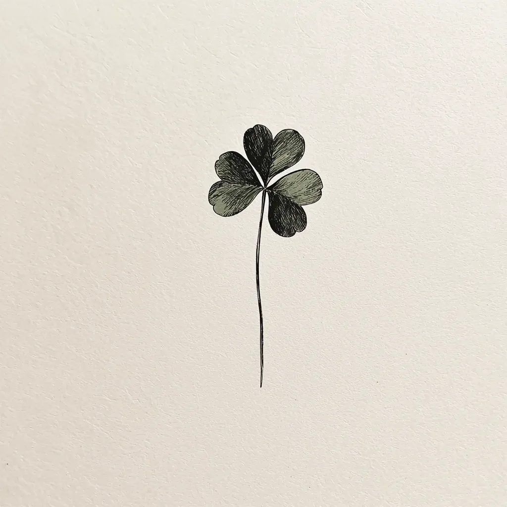 Here's a description of the image:

The image shows a simple, stylized drawing of a four-leaf clover on a light beige background. The clover is rendered in dark green and black ink, with fine lines suggesting texture and shading. Its leaves are heart-shaped, and a thin, dark stem extends downwards.  The background is a textured off-white, providing a muted contrast to the dark clover. The overall style is minimalist and elegant.