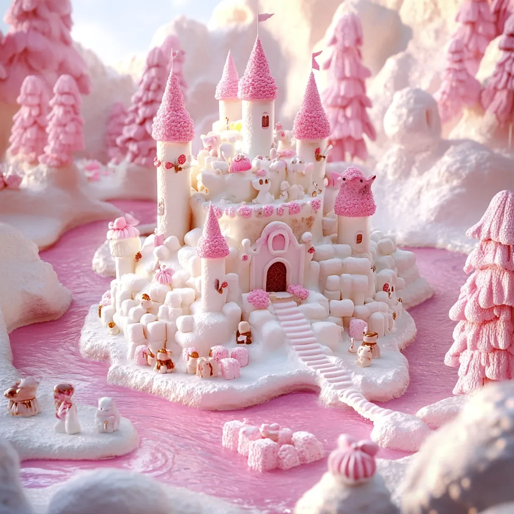 A whimsical, miniature marshmallow castle sits in a pink, confectionery landscape.  Pink and white frosting details adorn the castle's towers and walls.  Tiny marshmallow figures and decorative elements surround the castle, which is nestled beside a pink "lake".  The scene is idyllic and fantastical, resembling a sugary dream world.  Small, frosted trees surround the castle, completing the charming, edible scene.