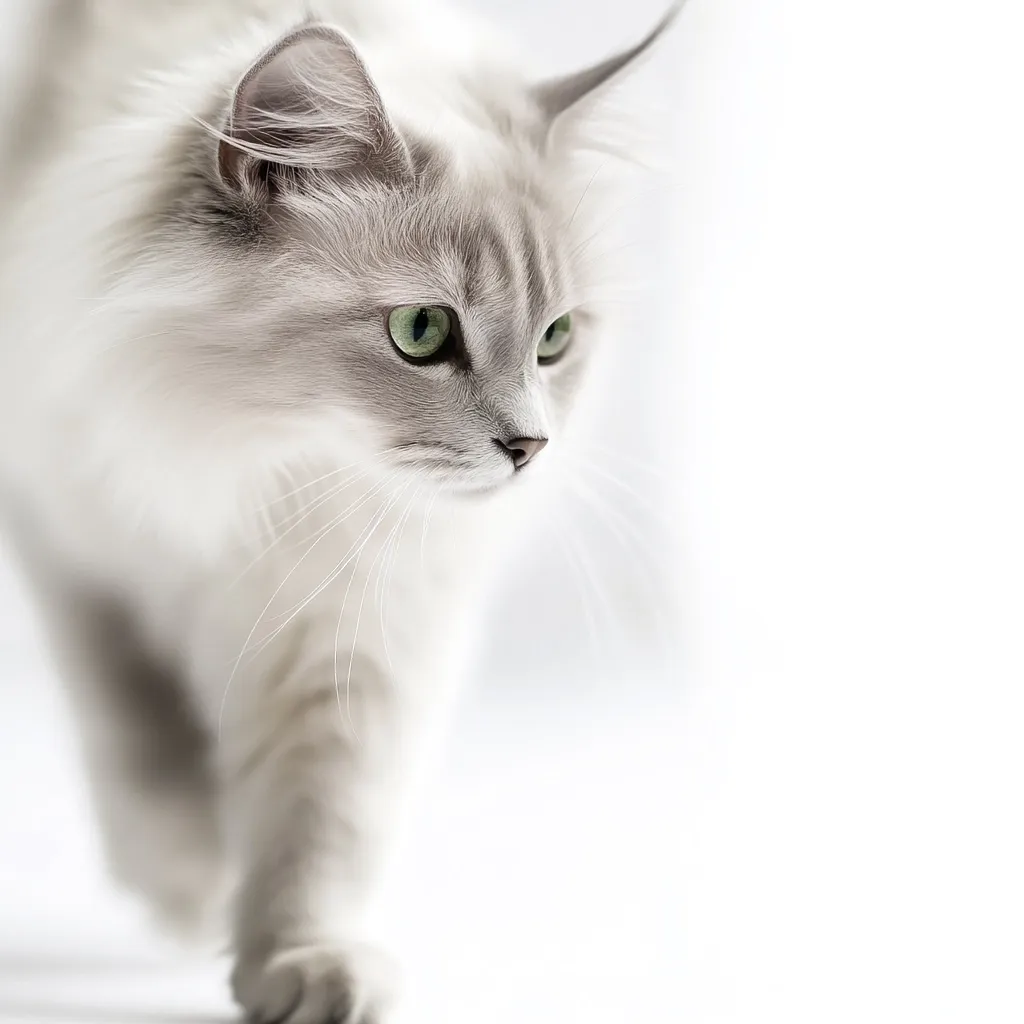 Here is a description of the image:

Close-up view of a long-haired grey and white cat walking towards the lower left corner of the frame.  Its fur is soft and fluffy, appearing almost white in certain areas. The cat's green eyes are clearly visible, and its gaze is directed slightly away from the camera, creating a sense of gentle movement. The background is a soft, bright white, drawing focus entirely to the cat.  The overall impression is one of elegance and serenity.