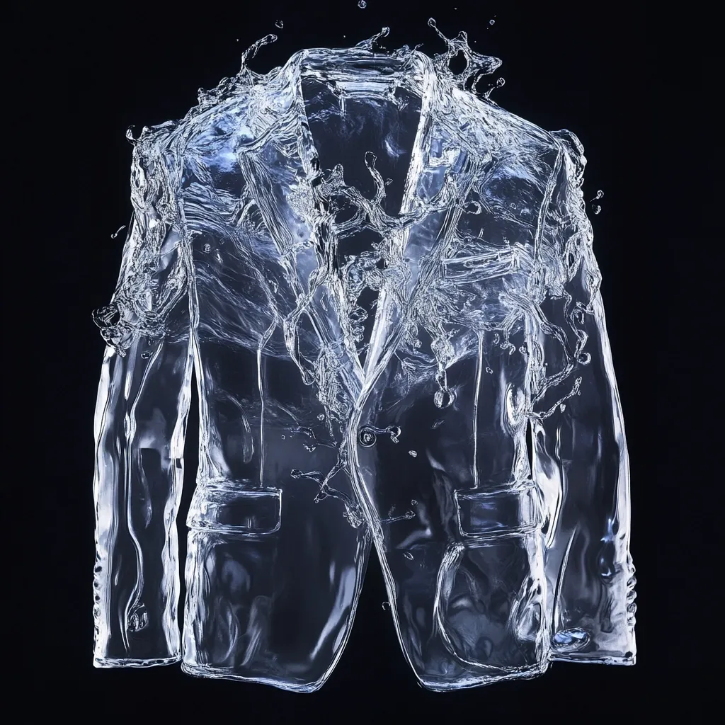 Against a stark black background, a striking image depicts a man's blazer sculpted entirely from water. The water appears frozen in motion, showcasing dynamic splashes and ripples across the jacket's form.  Details like lapels, pockets, and buttons are subtly visible through the translucent liquid, creating a surreal and elegant effect. The overall impression is one of fluidity and unexpected texture.