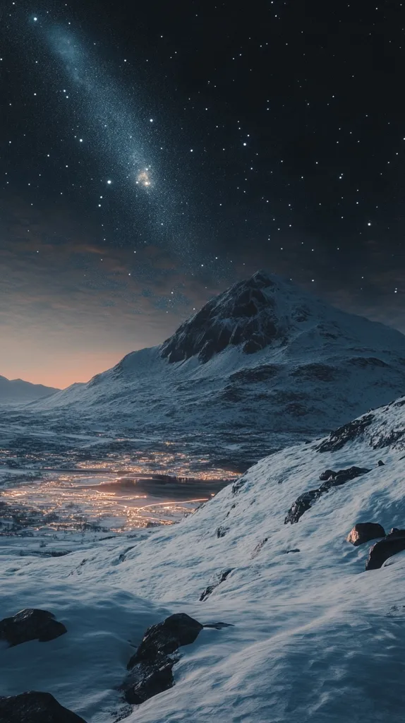 Here's a description of the image:

A breathtaking night scene unfolds, showcasing a snow-covered mountain range under a sky brimming with stars and a prominent galaxy. A valley below reveals a twinkling city's lights, creating a striking contrast between the serene natural landscape and human habitation.  The snowy slopes of the foreground lead the eye towards the distant, majestic peaks, illuminated by the soft glow of the city and the celestial brilliance above. The overall mood is peaceful and awe-inspiring, evoking a sense of vastness and wonder.