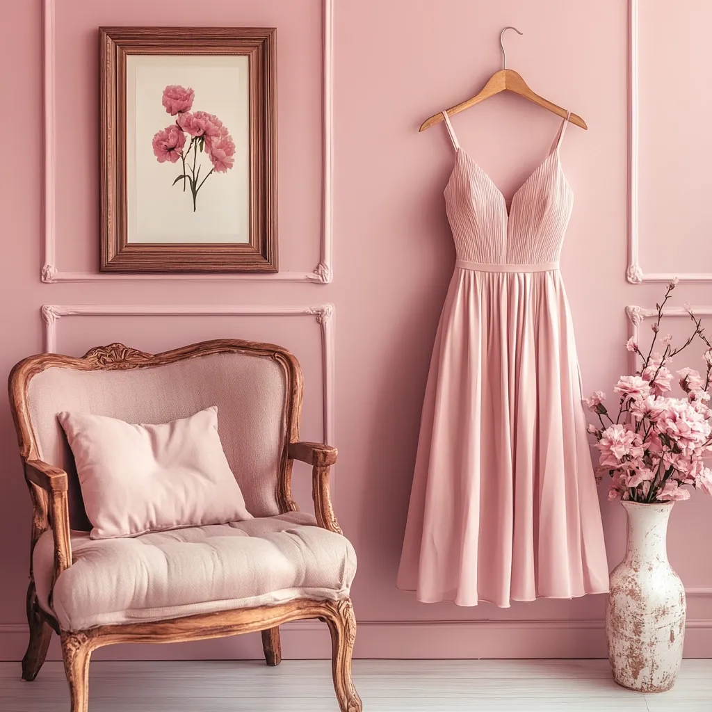 A blush pink room features an antique wooden chair upholstered in matching fabric, a framed botanical print of pink flowers, and a delicate pink bridesmaid dress hanging on a wooden hanger.  A vase of pink blossoms rests on the floor, complementing the soft color palette.  The overall aesthetic is feminine and elegant, suggesting a bridal or special occasion setting.  The image is well-lit and styled to showcase a cohesive and romantic atmosphere.