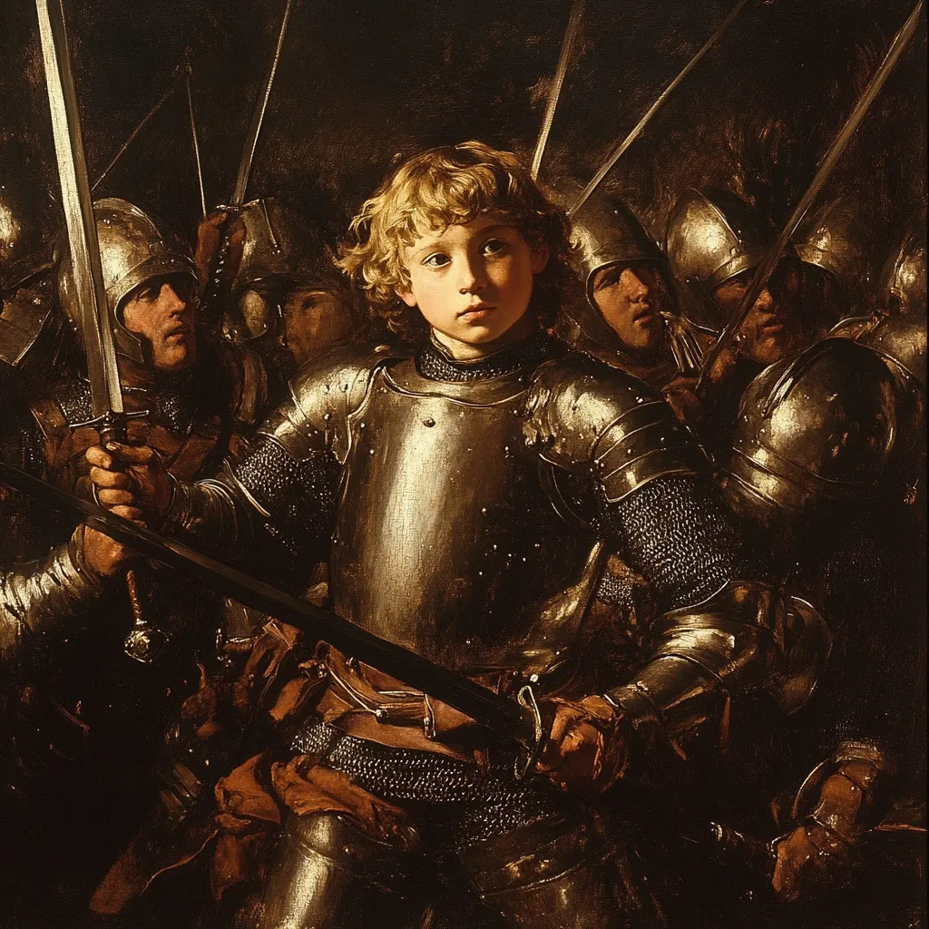 The painting depicts a young boy, possibly a prince, clad in shining plate armor, standing amidst a group of soldiers.  His blond curls frame a serious, contemplative face.  He grips a sword, his small hands contrasting with the weighty weapon and the imposing armor. The soldiers behind him are partially obscured, their faces grim and determined, their swords also raised, creating a dramatic chiaroscuro effect. The overall mood is one of somber intensity and youthful courage.  The dark background emphasizes the boy and the metallic gleam of the armor.