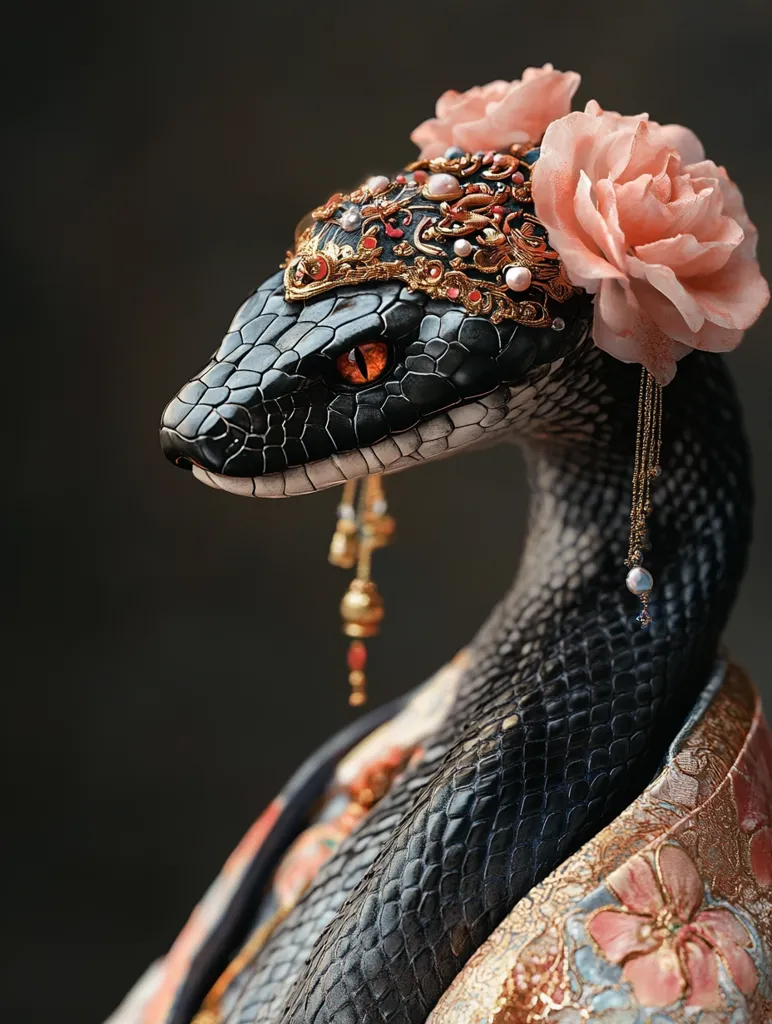 Here's a description of the image:

Close-up view of a black snake adorned in ornate jewelry and peach-colored roses.  The snake, with striking amber eyes, wears an elaborate headpiece featuring gold, red, and pearl embellishments. Delicate, dangling earrings and a richly patterned kimono-like garment complete the regal ensemble. The dark background contrasts sharply with the vibrant colors of the flowers and jewelry, creating a dramatic and visually stunning image. The texture of the snake's scales is clearly visible.  The overall aesthetic is one of fantasy and elegance, possibly inspired by Asian art or mythology.