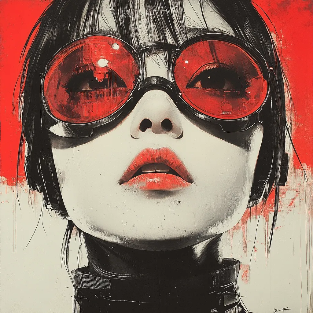A stylized portrait of a young woman dominates the canvas.  She wears large, red, goggles, reflecting an unseen cityscape, and a dark, high-collared garment. Her expression is one of quiet contemplation, her red lips slightly parted.  The art style is a blend of realism and impressionism, with visible brushstrokes and a textured effect. A bold red background contrasts with her pale skin and dark hair, creating a striking visual impact. The overall mood is mysterious and somewhat futuristic.