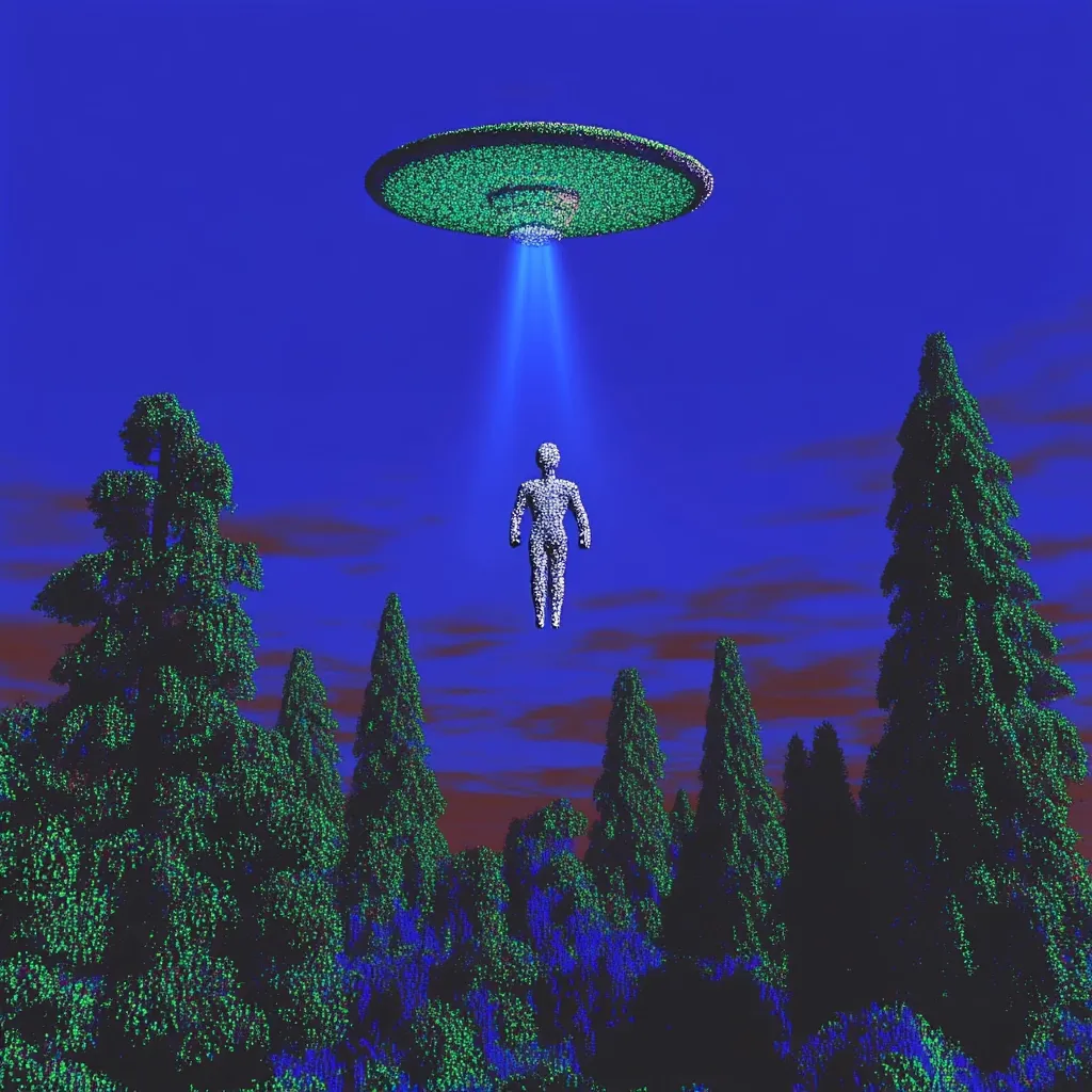 A stylized digital image depicts a nighttime scene with a UFO hovering above a forest.  A beam of light extends from the craft to a levitating, humanoid figure composed of small, bright particles. The trees are also rendered with similar particle effects, creating a surreal, otherworldly atmosphere under a twilight sky. The overall aesthetic suggests a science fiction or fantasy context, possibly illustrating an alien abduction or interaction.