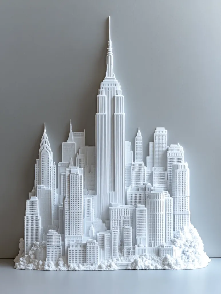 A striking, monochromatic white 3D-printed model of the New York City skyline dominates the image.  The Empire State Building stands prominently at the center, surrounded by other iconic buildings, rendered in a simplified, almost architectural style.  The base is textured to suggest parkland, creating a clean and modern aesthetic against the plain grey background. The piece has a minimalist quality, focusing on form and shape rather than intricate detail.
