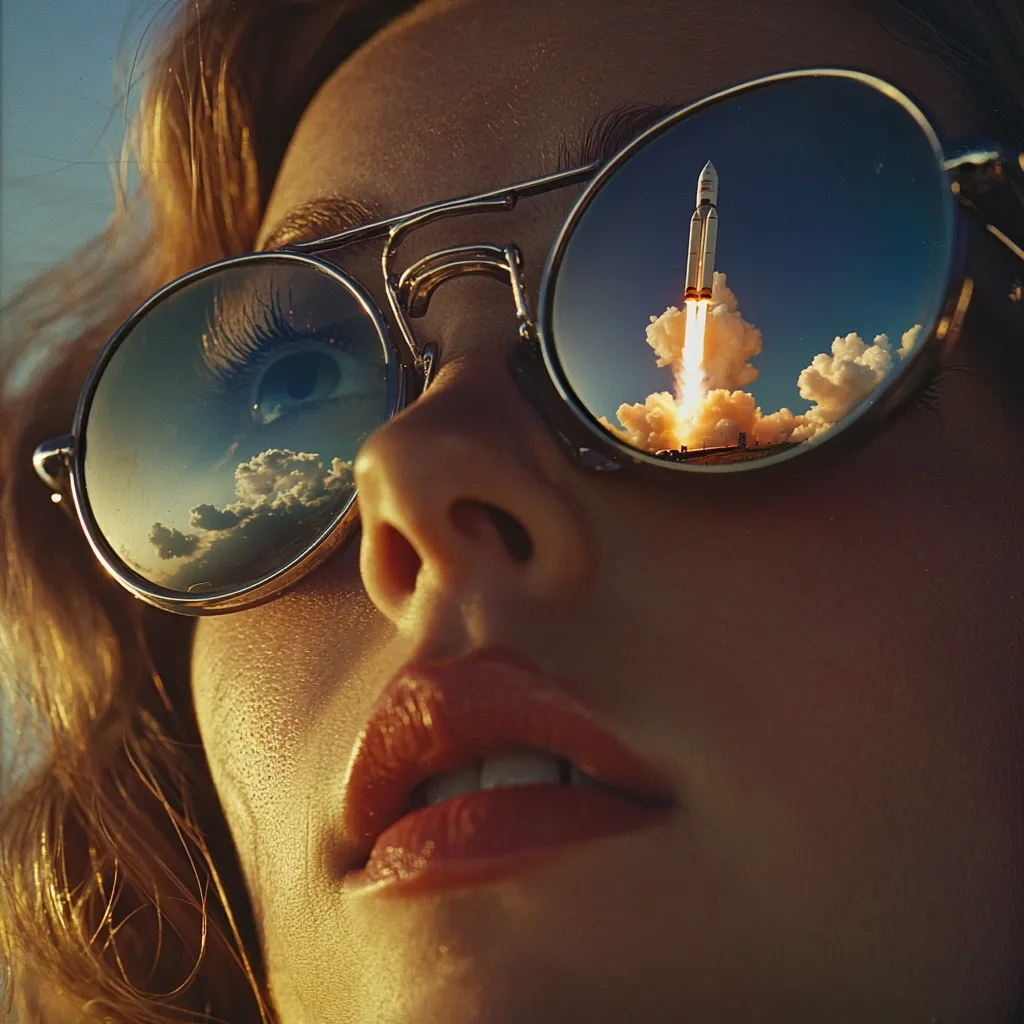 Close-up view of a woman's face, partially obscured by large, round sunglasses.  The lenses reflect a dramatic scene: a rocket launching into a vibrant sunset sky, filled with fluffy clouds. The woman's expression is one of awe, her mouth slightly open, gazing upward.  The image's warm tones and the contrast between the intimate portrait and the expansive sky create a captivating visual narrative.