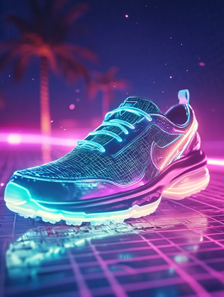 A single, futuristic sneaker glows with vibrant neon blue and pink light. Its design is intricate, resembling a mesh or circuit board. The shoe rests on a gridded surface, reflecting the neon glow.  In the blurry background, palm trees stand silhouetted against a purple-pink sky, suggesting a tropical, nighttime setting. The overall image evokes a cyberpunk or retro-futuristic aesthetic.