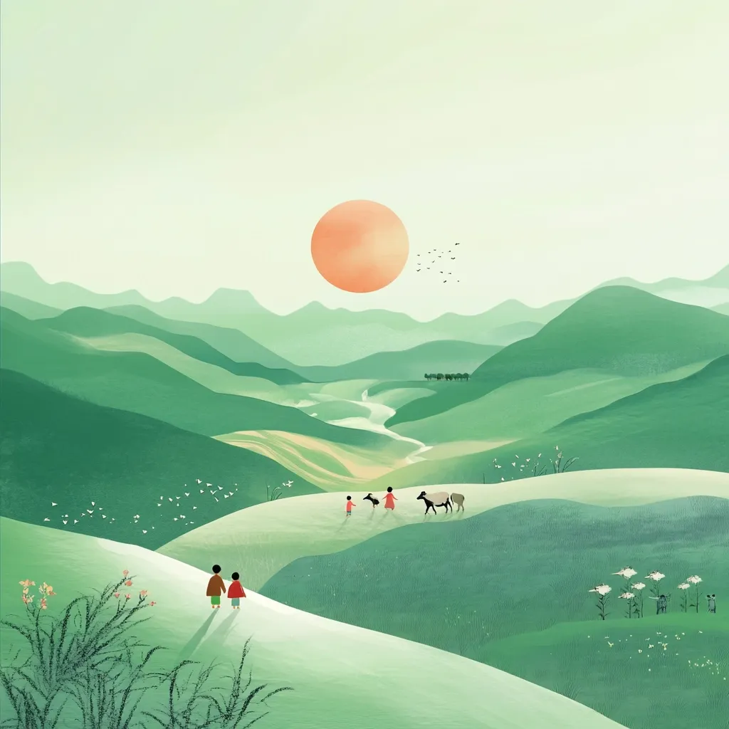 A serene landscape painting depicts rolling green hills under a large, peach-colored sun.  A winding river meanders through the valley.  Small figures, possibly children, walk with animals across the hills.  The overall style is minimalist and peaceful, with muted colors and a soft, dreamlike quality.  The scene evokes a sense of tranquility and gentle movement across the landscape.  Sparse vegetation adds to the calm atmosphere.