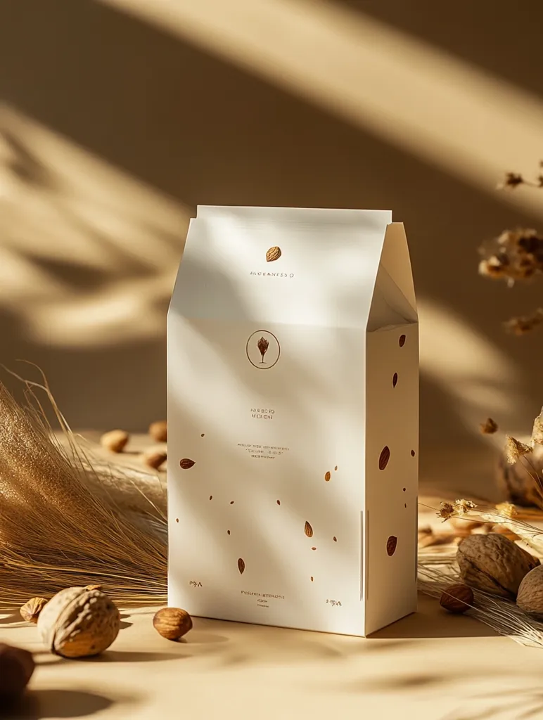 Here's a description of the image:

A minimalist product shot showcases a carton of almonds. The off-white carton, resembling a milk carton in shape, is adorned with subtle illustrations of almonds and features minimal text in a delicate serif font. It's positioned on a light beige surface, surrounded by scattered almonds and dried grasses, creating a soft, natural ambiance. Sunlight filters through, casting gentle shadows that highlight the carton's texture and the overall warm, inviting aesthetic.  The overall feel is sophisticated and natural.