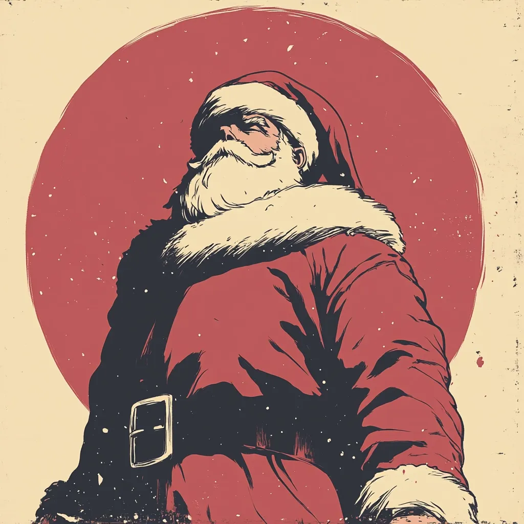Here's a description of the image:

The illustration depicts a stylized Santa Claus, viewed from a low angle, against a large, textured red circle suggestive of a setting sun or a Christmas ornament.  He's wearing a traditional red coat with a black belt, fluffy white trim, and a Santa hat. His face is partially obscured by his substantial white beard, giving him a powerful, contemplative air.  The background features a subtle, snowy effect and a distressed, vintage aesthetic, enhancing the nostalgic Christmas feel. The overall style is bold, graphic, and slightly dark, offering a unique interpretation of the classic Santa Claus imagery.