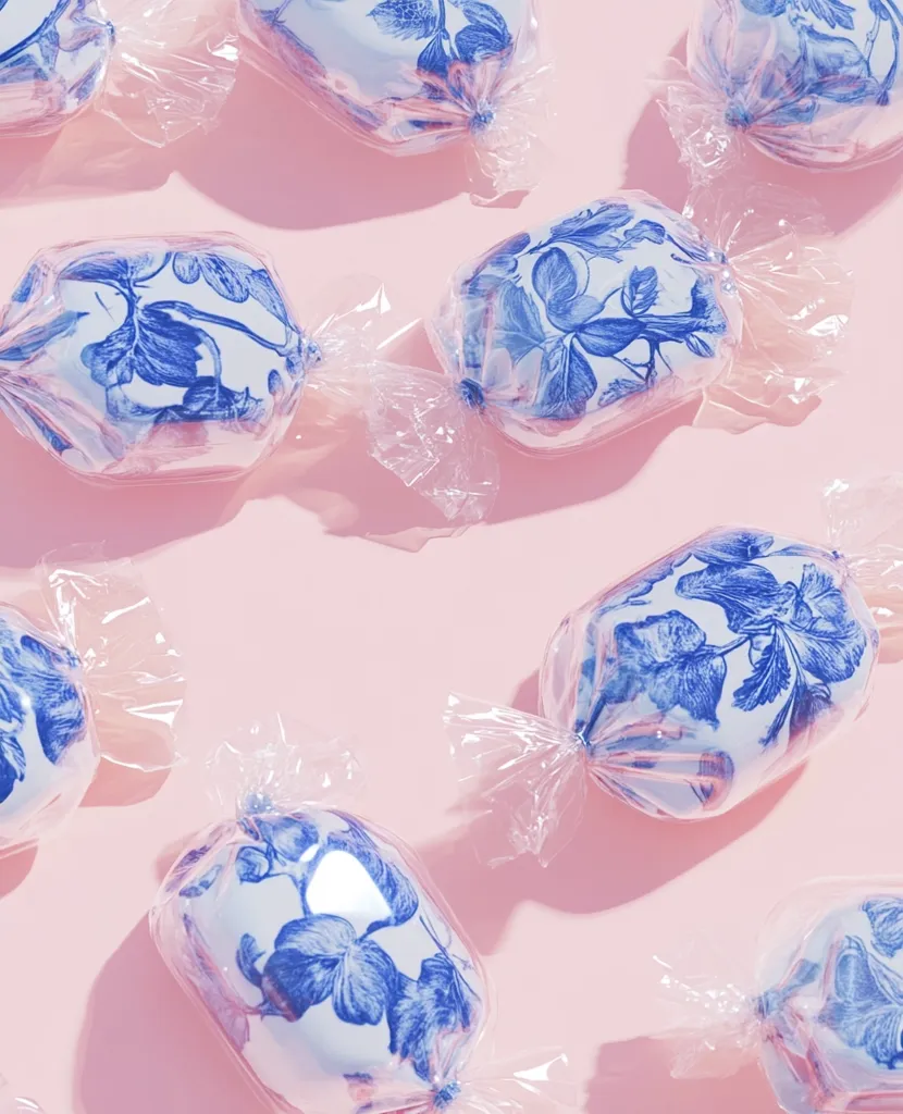 Here's a description of the image:

The image shows numerous candy-like objects arranged on a soft pink background. Each item is wrapped in clear cellophane, revealing a white base adorned with a repeating blue floral pattern reminiscent of blue and white china.  The candies are scattered casually, overlapping slightly, with the light catching the plastic wrap and creating subtle shadows and highlights. The overall aesthetic is clean, minimalist, and subtly luxurious.