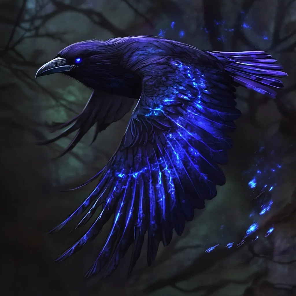 Here's a description of the image:

The image depicts a stylized raven in flight, its dark plumage illuminated by vibrant, electric blue streaks across its wings and body.  The bird's eyes glow with the same electric blue, enhancing its mystical appearance.  It's positioned against a dark, shadowy background suggesting a forest or night scene, with faint blue sparks trailing behind it.  The overall impression is one of power, magic, and dark fantasy.  The raven’s form is sharp and detailed, contrasting with the softer, more diffused background.