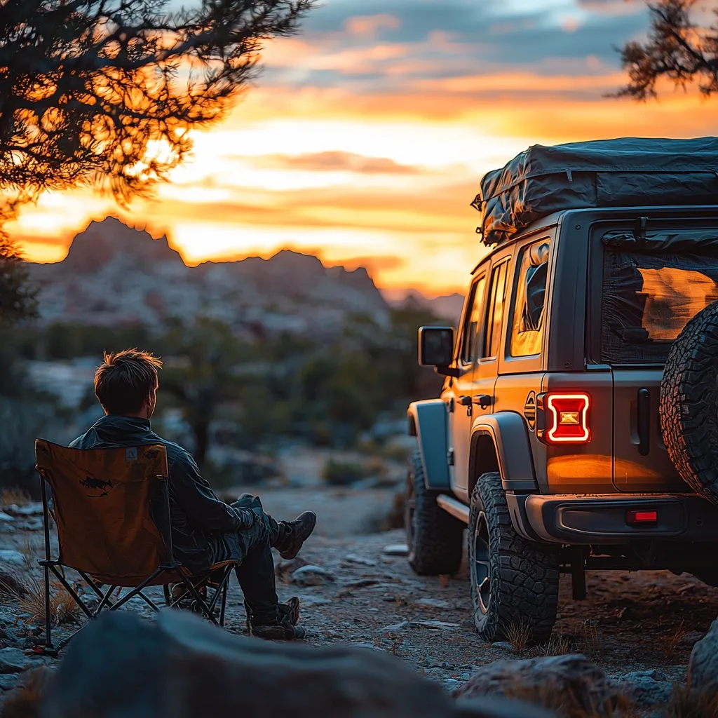 A man sits in a folding chair, gazing at a breathtaking sunset over a mountainous landscape.  A Jeep Wrangler, equipped with a rooftop tent, is parked nearby. The warm, golden hues of the setting sun illuminate the scene, creating a serene and adventurous atmosphere. The overall impression is one of peaceful solitude and the enjoyment of outdoor exploration.