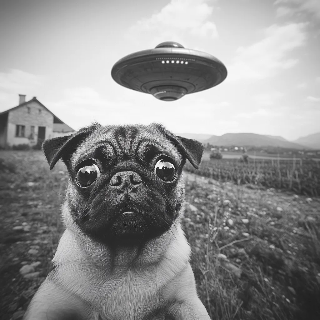 Here's a description of the image:

A black and white photo shows a pug dog in the foreground with wide, expressive eyes, appearing slightly apprehensive.  The dog is positioned slightly low to the ground, facing the camera directly. In the background, a classic flying saucer-shaped UFO hovers in a cloudy sky above a rural landscape, including a small house and a field.  The overall mood is whimsical and slightly surreal, blending a cute pet with a science fiction element.