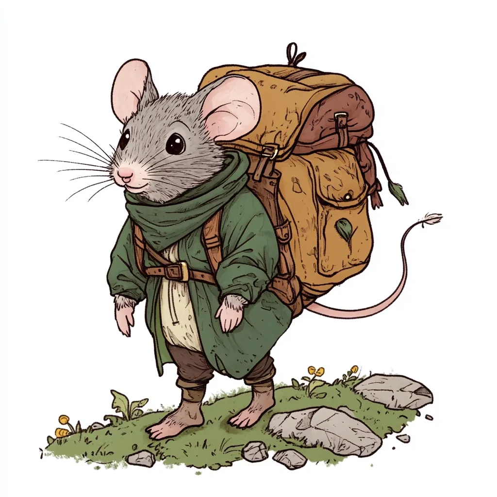 Here's a description of the image:

The illustration depicts an anthropomorphic mouse, seemingly a traveler, carrying a large, worn backpack.  The mouse is dressed in a green hooded cloak, brown pants, and simple footwear, giving it a medieval or fantasy feel.  Its expression is calm and perhaps slightly curious. The backpack is tan and brown, detailed with straps and buckles, suggesting it's well-used and sturdy. The mouse stands on a patch of grass with small rocks scattered around, creating a sense of a journey through a countryside.  The overall style is whimsical and charming, suggesting a children's book illustration or fantasy character design.