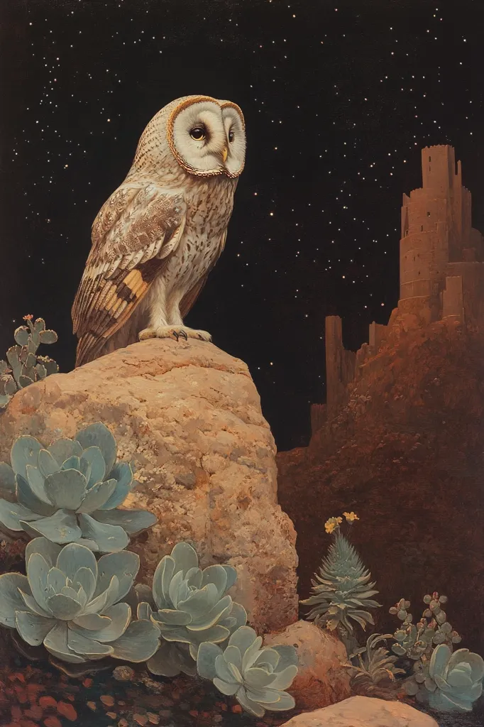 A barn owl perches majestically on a rocky outcrop under a starlit night sky.  The owl, rendered in exquisite detail, faces left, its gaze seemingly fixed on a distant, shadowy medieval castle perched atop a hill.  Succulent plants cluster at the base of the rock, adding a touch of earthy texture to the scene. The overall tone is dark and mysterious, evoking a sense of ancient wisdom and nocturnal stillness.